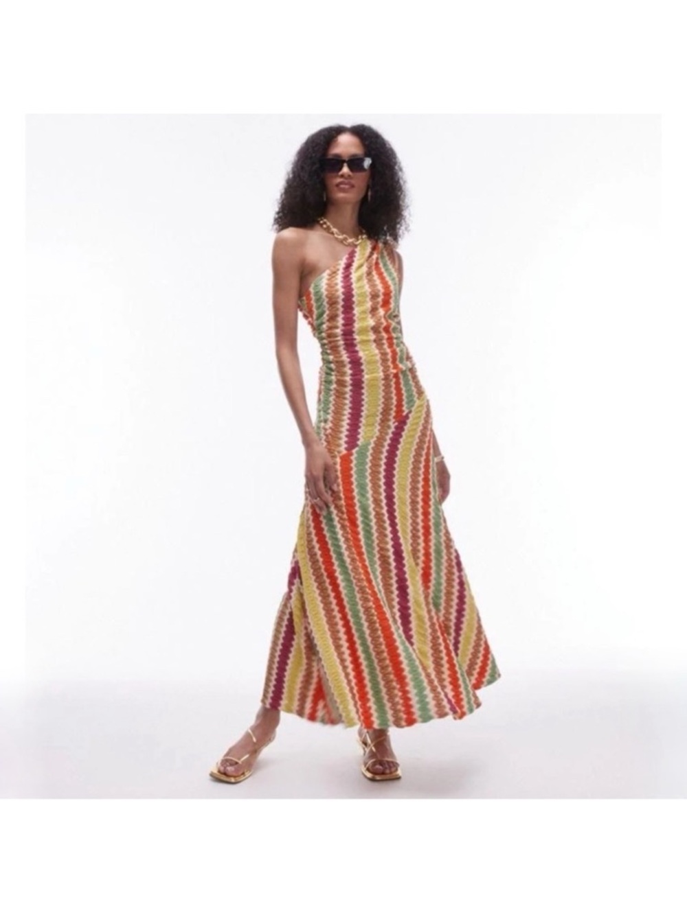 Topshop One-Shoulder Striped Maxi Dress in Red, Yellow, Green, Pink, Orange